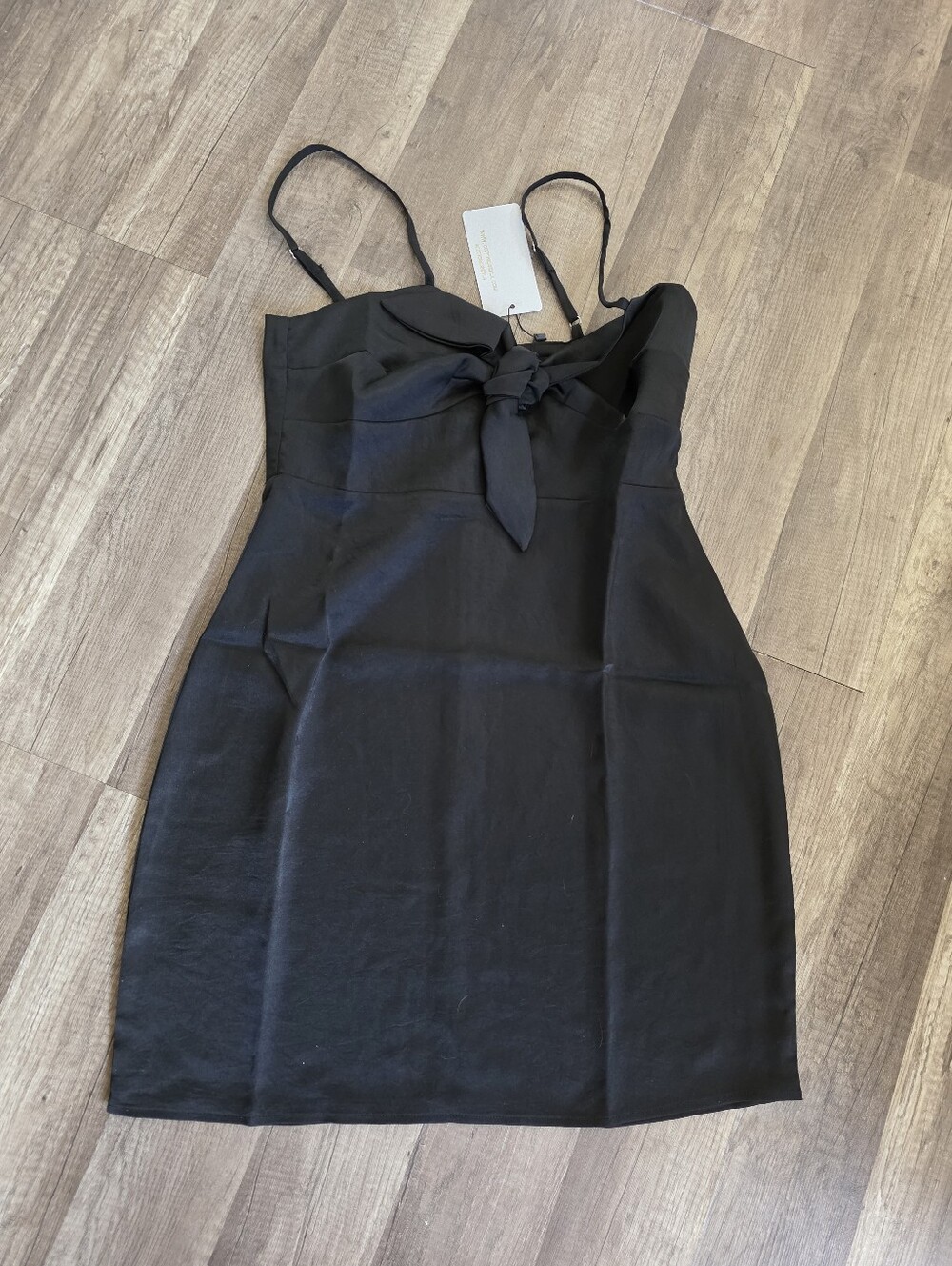 Nwt COTTON CANDY SATIN Black Tie-Front Spaghetti Strap Bodycon Mini Dress Formal